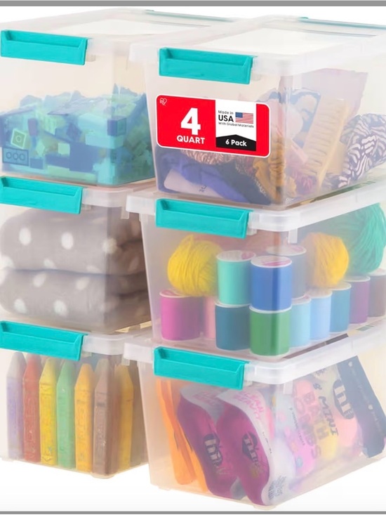Other - 4 Qt 6 Clear Stackable Storage Bins with Teal Latches - 6 Pack